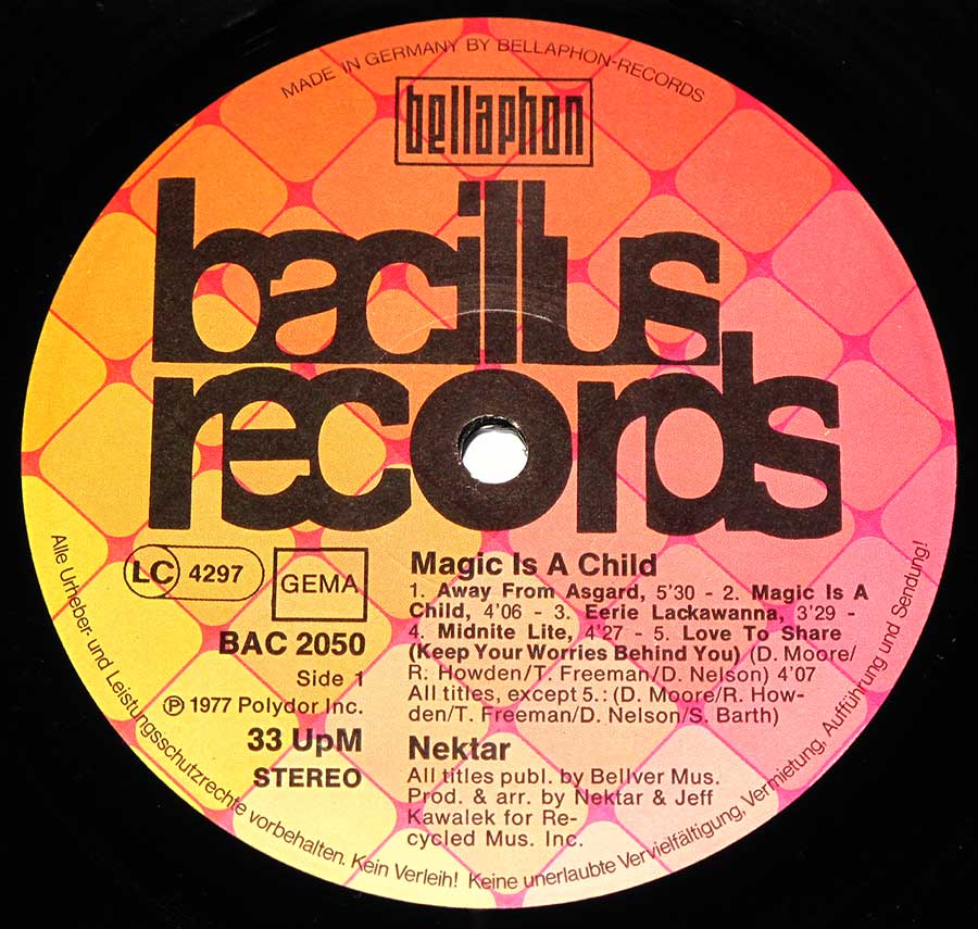 Close up of record's label NEKTAR - Magic is a Child Side One
