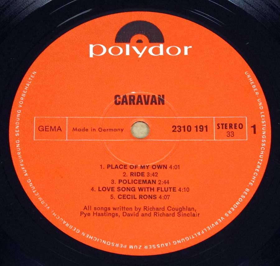 Close up of record's label CARAVAN - S/T Self-Titled 12" LP Vinyl Album Side One
