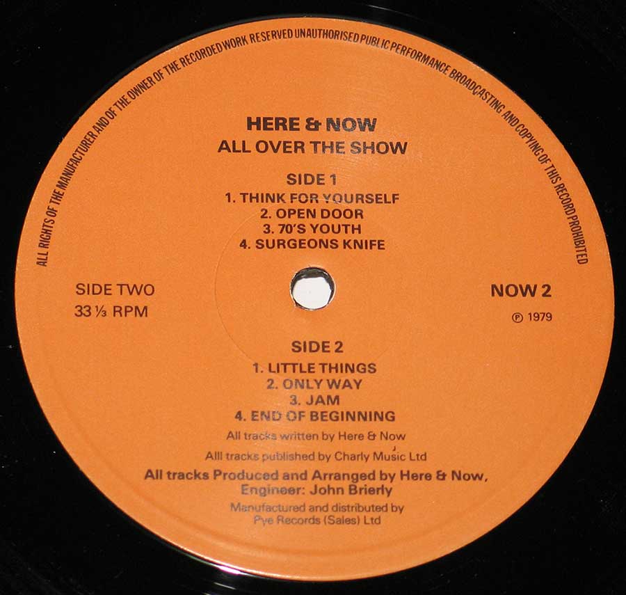 Close up of record's label HERE & NOW - All Over The Show Live 12" LP Vinyl Side Two