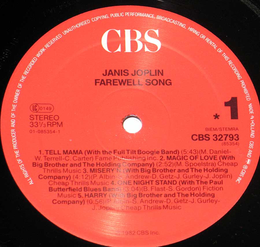 JANIS JOPLIN- Farewell Song 12" Vinyl LP Album enlarged record label