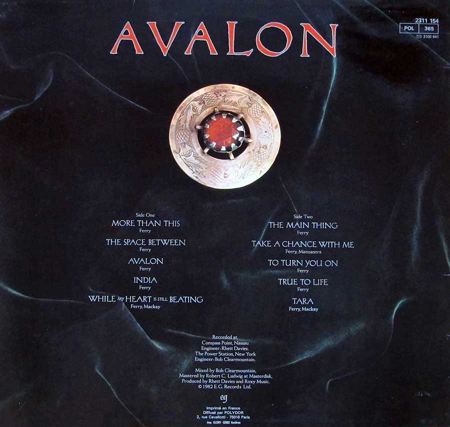 ROXY MUSIC - Avalon France Release 12" LP Vinyl Album back cover