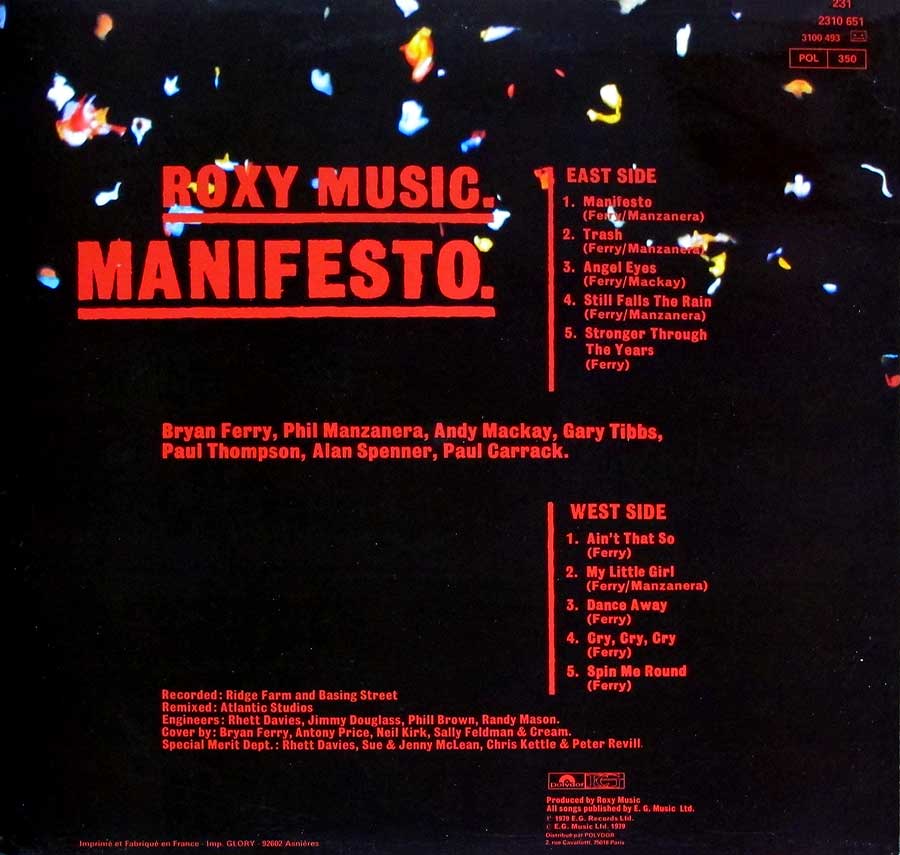 Roxy Music - MANIFESTO - pop-rock FRANCE release 12" LP Vinyl Album album back cover