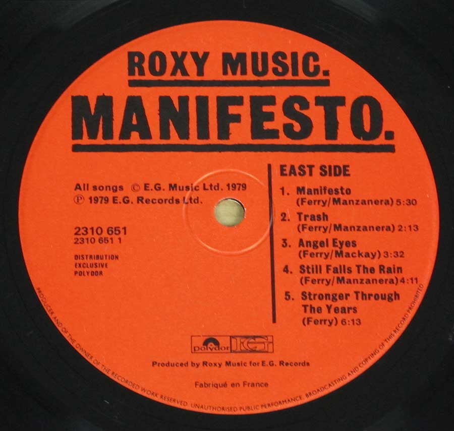 Roxy Music - MANIFESTO - pop-rock FRANCE release 12" LP Vinyl Album enlarged record label
