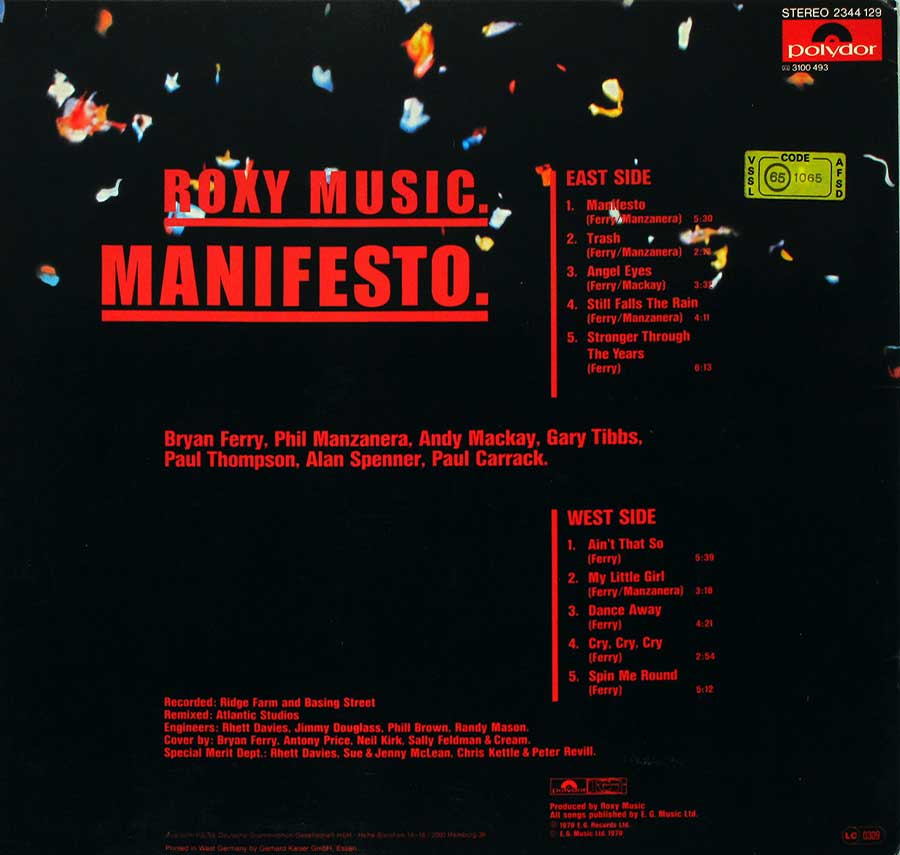 ROXY MUSIC - Manifesto - German release 12" LP Vinyl Album album back cover