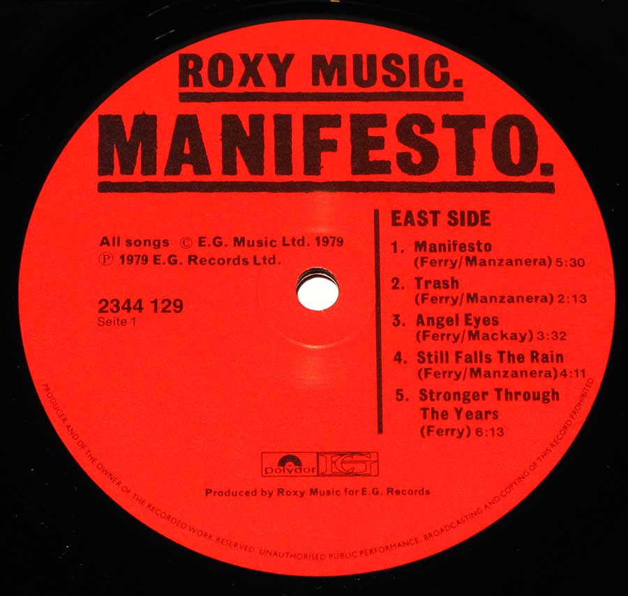 ROXY MUSIC - Manifesto - German release 12" LP Vinyl Album enlarged record label