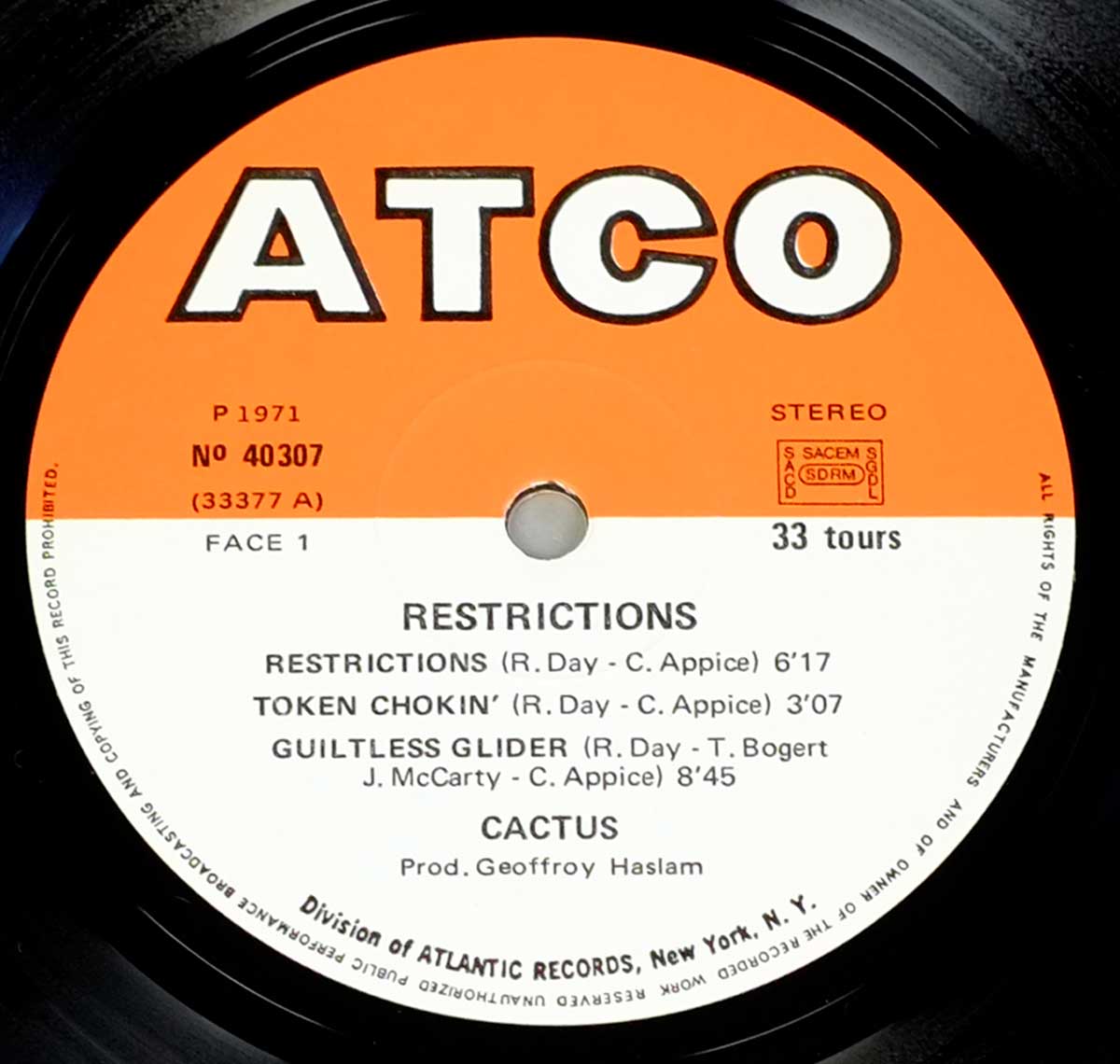 Photo of "CACTUS - Restrictions" ATCO Orange and White Record Label with catalognr 40 307
