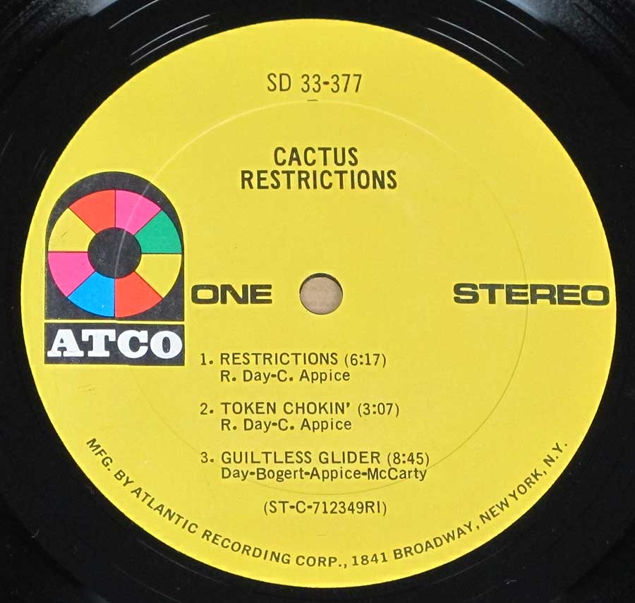 Close-up Photo of "CACTUS Restrictions" Yellow ATCO Record Label with catalognr SD 33-377