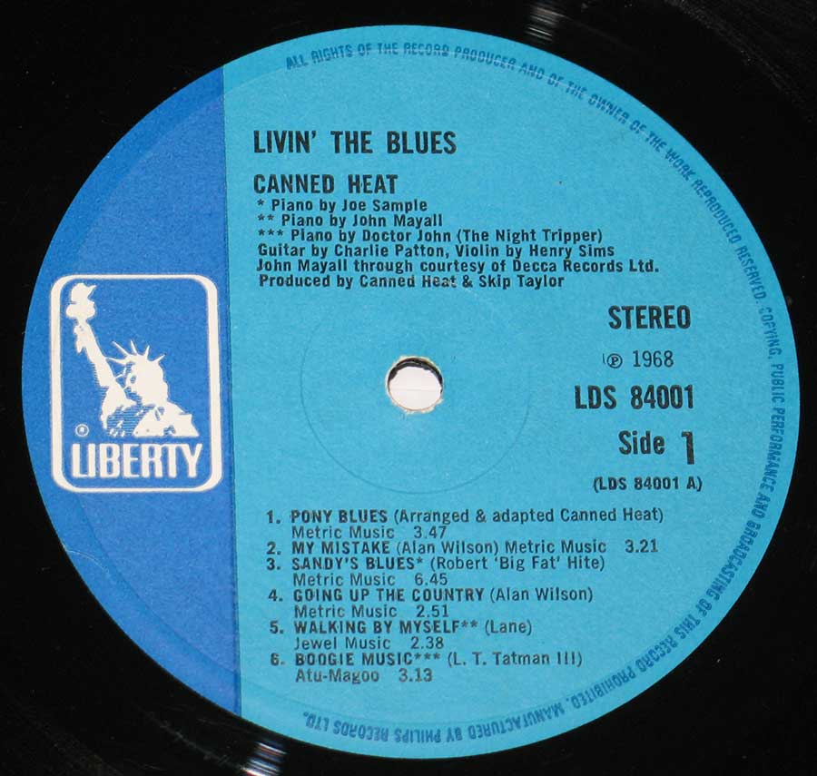 "Livin' Blues " Record Label Details: Bue Colour Liberty LDS 84001 ℗ 1968 Sound Copyright 