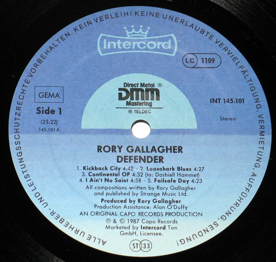 RORY GALLAGHER - Defender 12" Vinyl LP Album enlarged record label