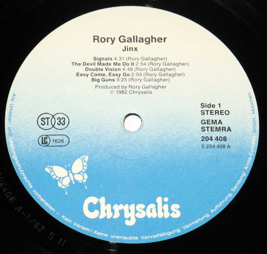 RORY GALLAGHER - Jinx 12" Vinyl LP Album enlarged record label