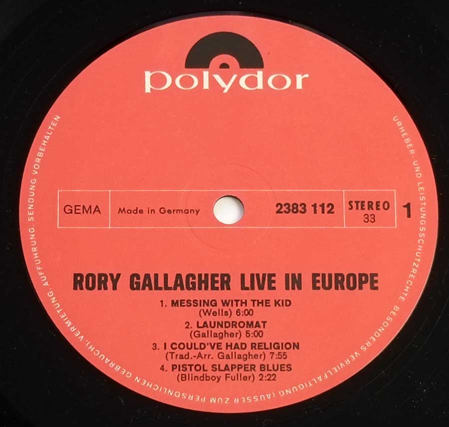 RORY GALLAGHER - Live in Europe German Release 12" Vinyl LP Album  enlarged record label