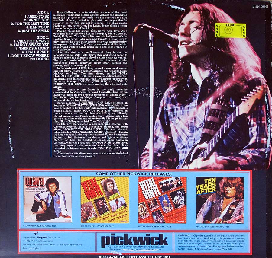 RORY GALLAGHER S/T Self-Titled PickwicK UK 12" LP Vinyl Album album back cover