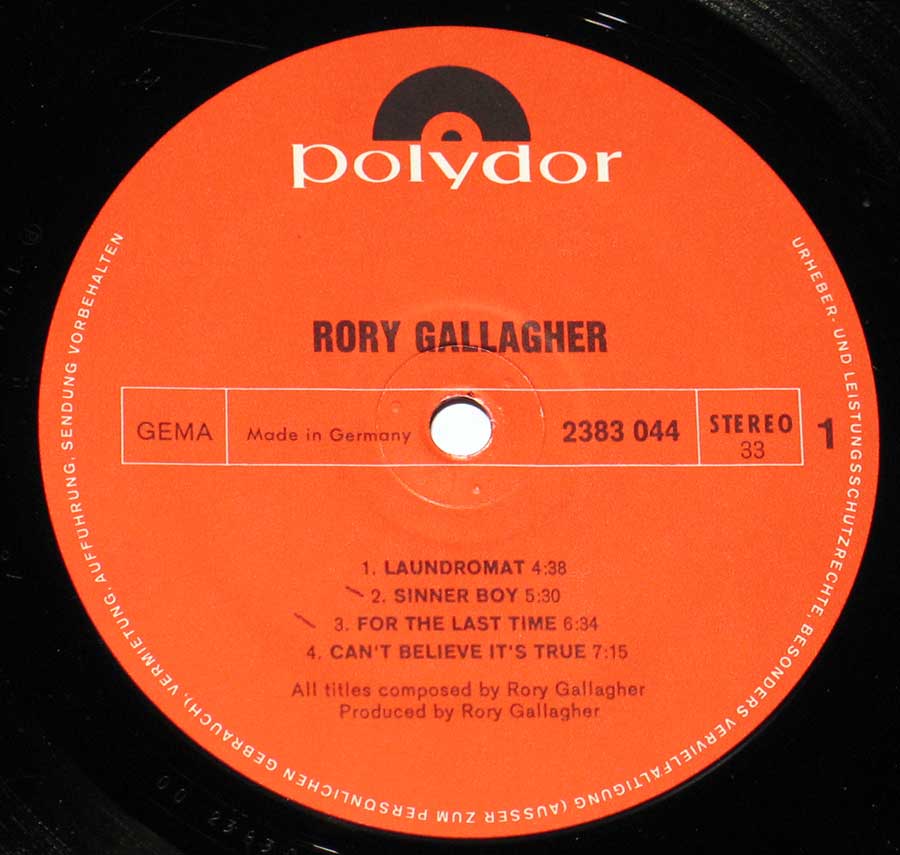 RORY GALLAGHER - Self-titled 12" Vinyl LP Album enlarged record label