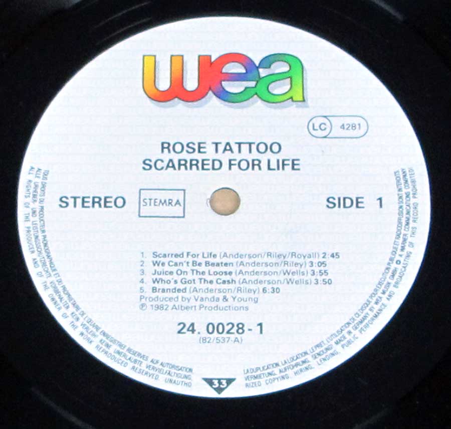 Close up of record's label ROSE TATTOO - Scarred for Life Side One