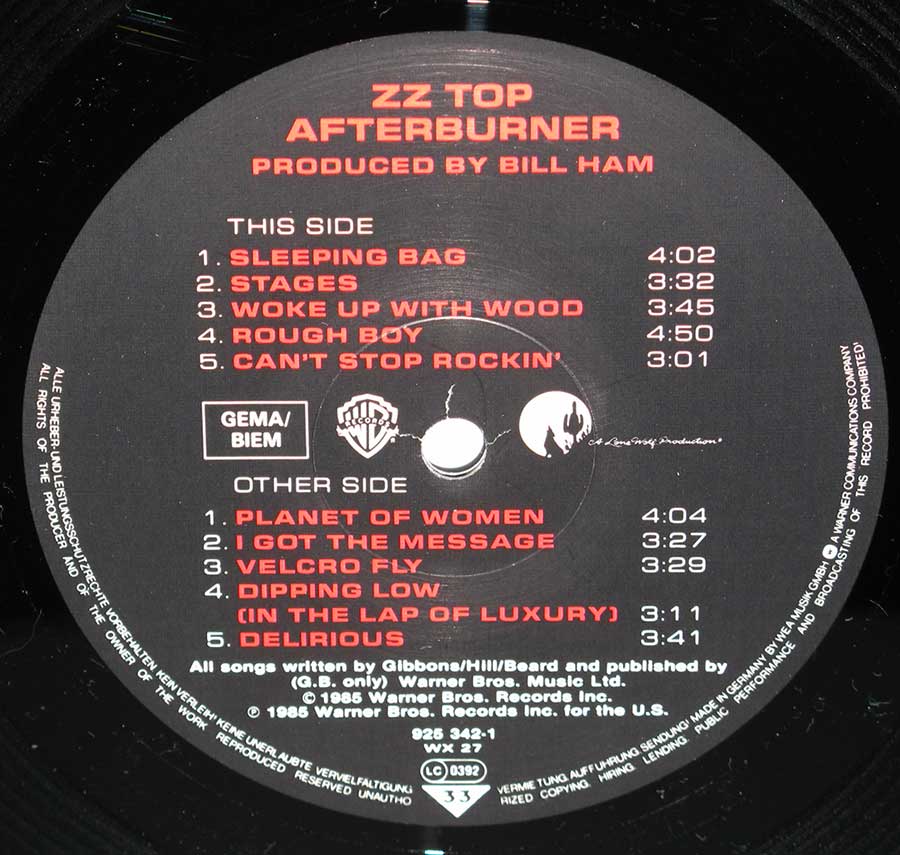 ZZ TOP - Afterburner - American Blues-rock 12" Vinyl LP Album enlarged record label