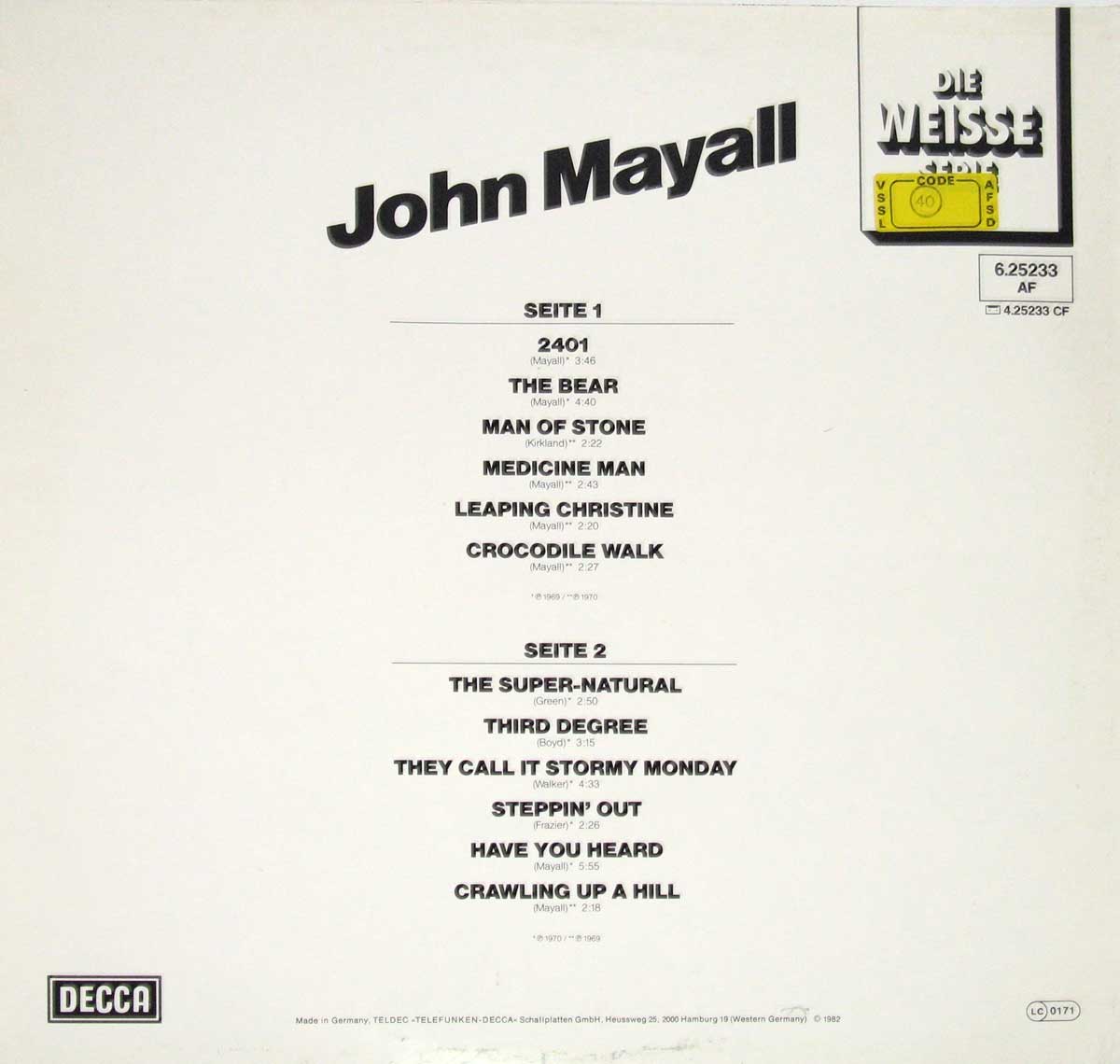 Photo of album back cover John Mayall - Self-Titled Die Weisse Serie White Series 