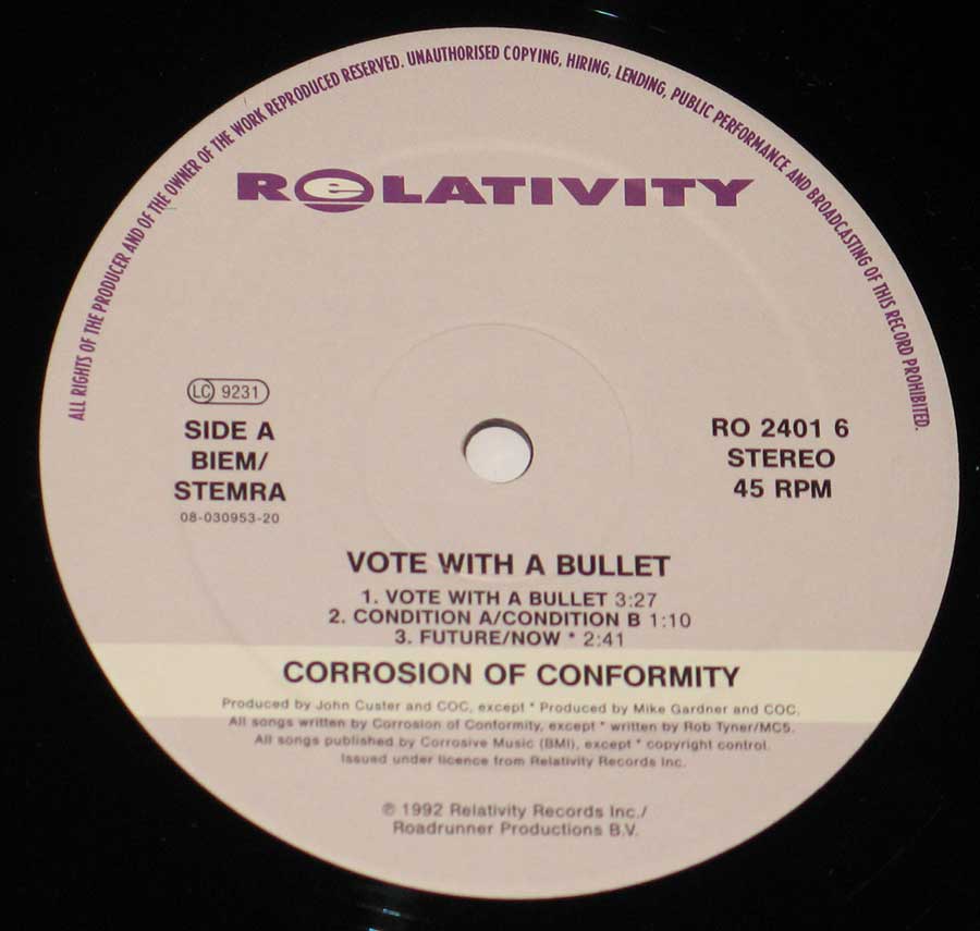 Enlarged High Resolution Photo of the Record's label Corrosion of Conformity - Vote With A Bullet https://vinyl-records.nl