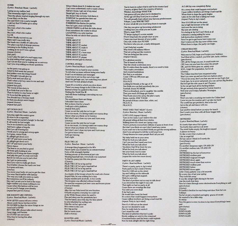 Complete lyrics of all the songs on "Razzel Dazzle" printed on the custom inner sleeve 