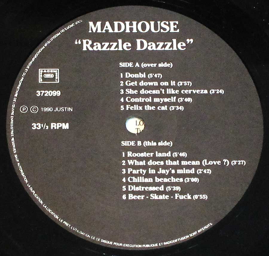 Side Two Close up of record's label MADHOUSE - Razzle Dazzle Crossover Thrash 12" Vinyl LP Album