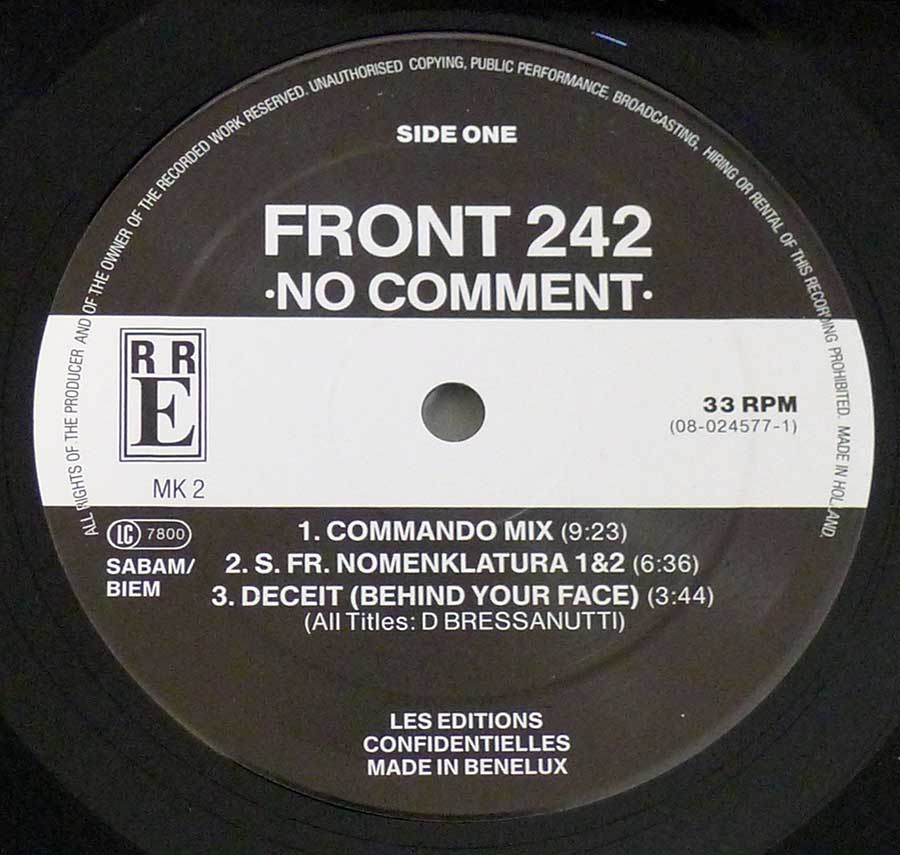 Close up of Side One record's label FRONT 242 - No Comment 12" LP VINYL Album
