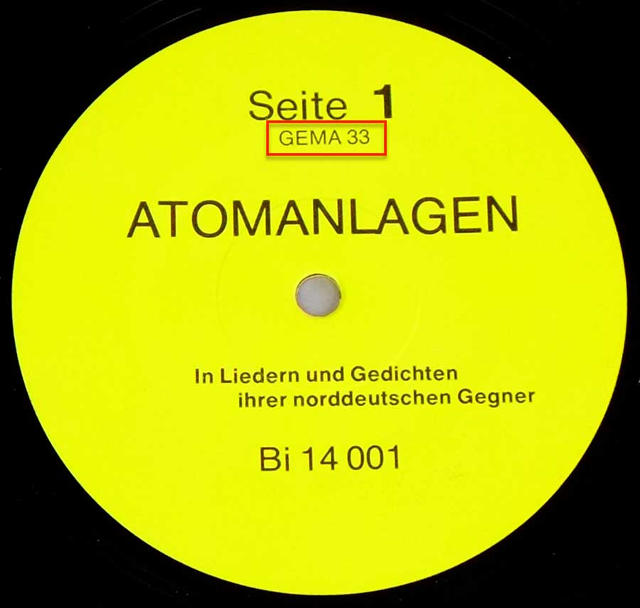 Close-up Photo of "ATOMANLAGEN - in Liedern und Gedichten ihrer Norddeutscher gegner" Record Label