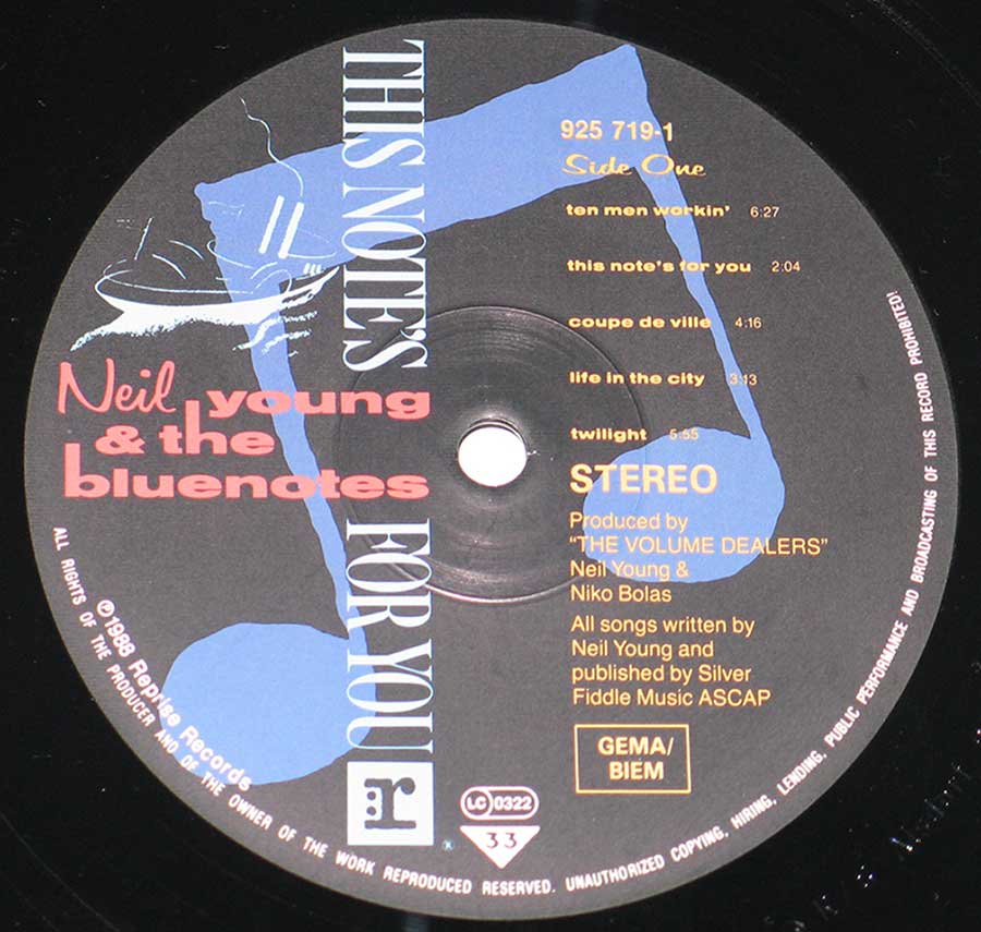 Close-up of "Neil Young & The Bluenotes" Reprise Record Label 
