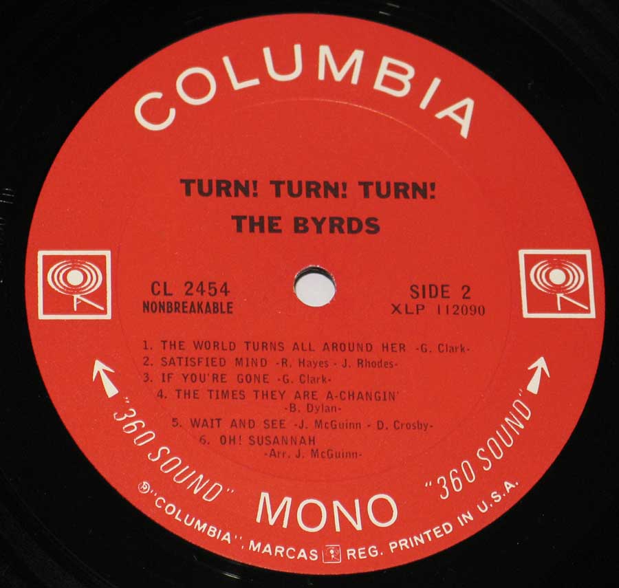 "Turn Turn Turn by the Birds" Red Colour with two Walking Eye Logo's Columbua Record Label Details: CL 2454 Non-Breakable, Printed in U.S.A. 