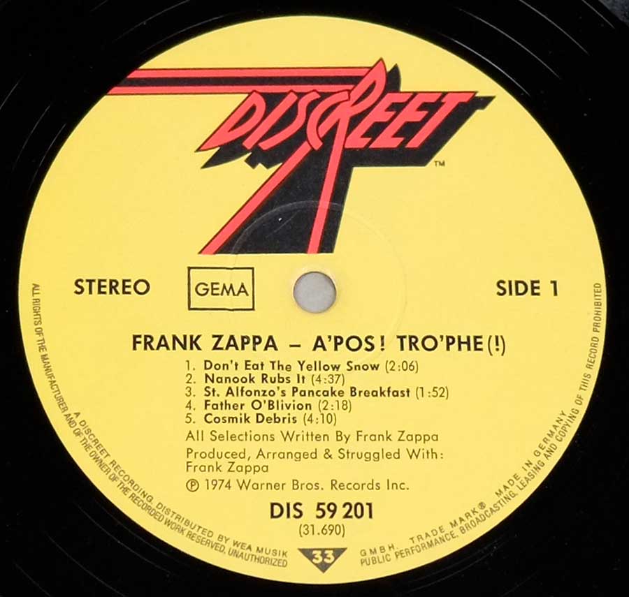 Close up of record's label FRANK ZAPPA APOSTROPHE 12" LP Vinyl Album  Side One
