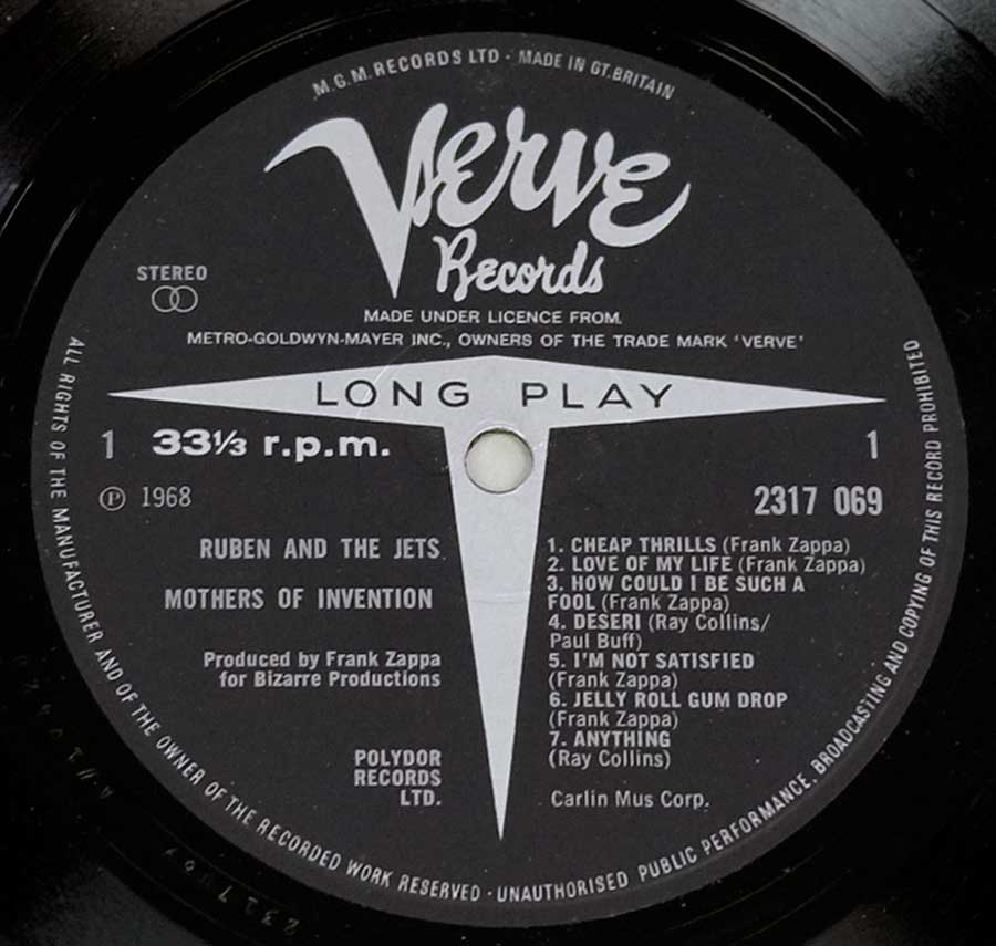 Close up of record's label MOTHERS OF INVENTION - CRUISING WITH RUBEN & THE JETS UK Side One