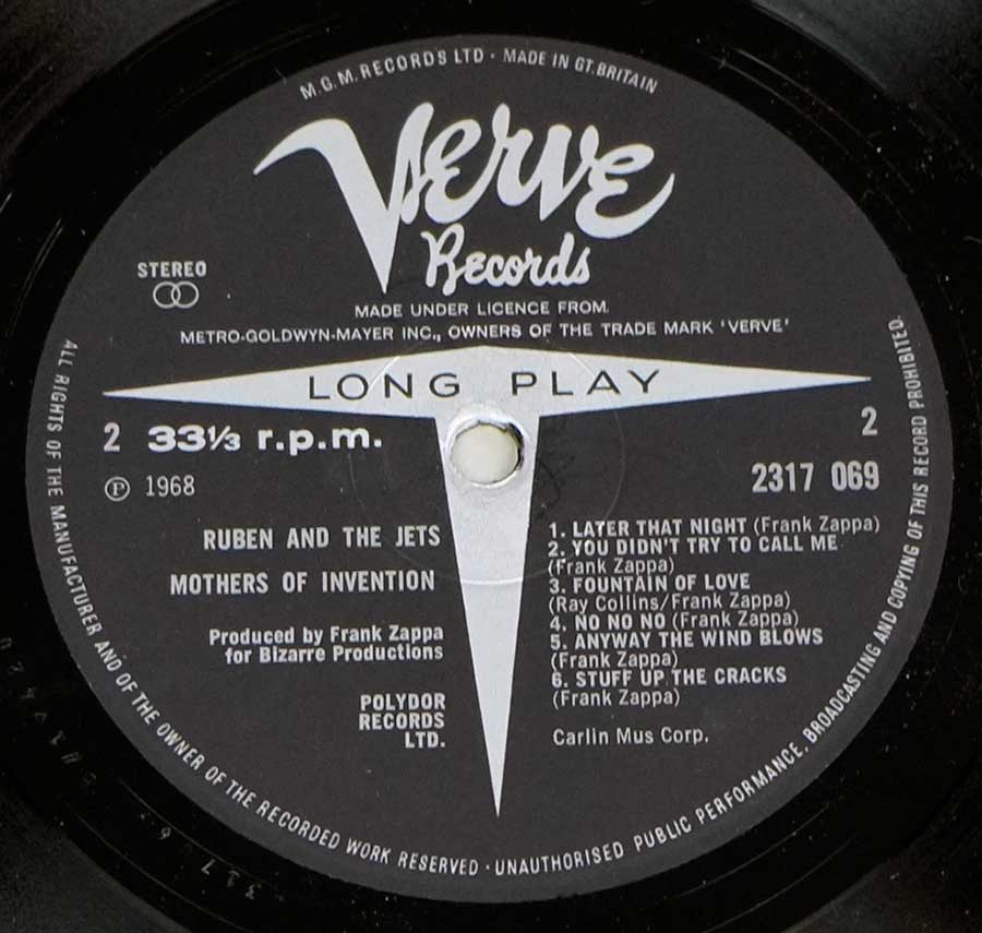 Close up of record's label MOTHERS OF INVENTION - CRUISING WITH RUBEN & THE JETS UK Side Two