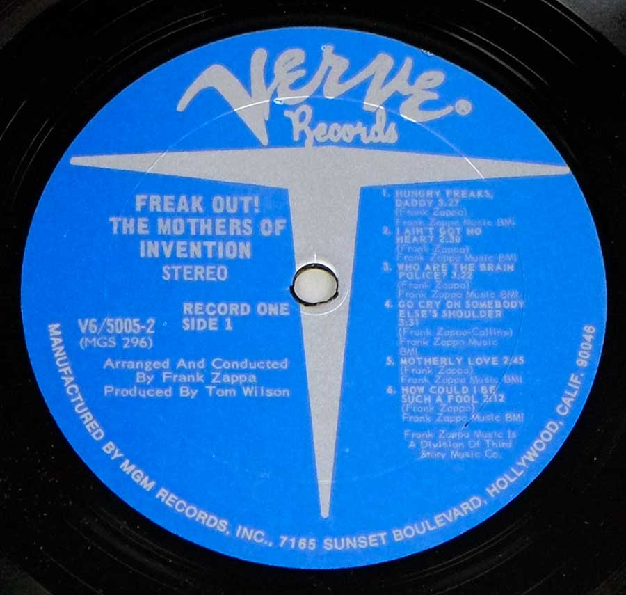 Close up of record's label THE MOTHERS OF INVENTION - FREAK OUT!  Side One