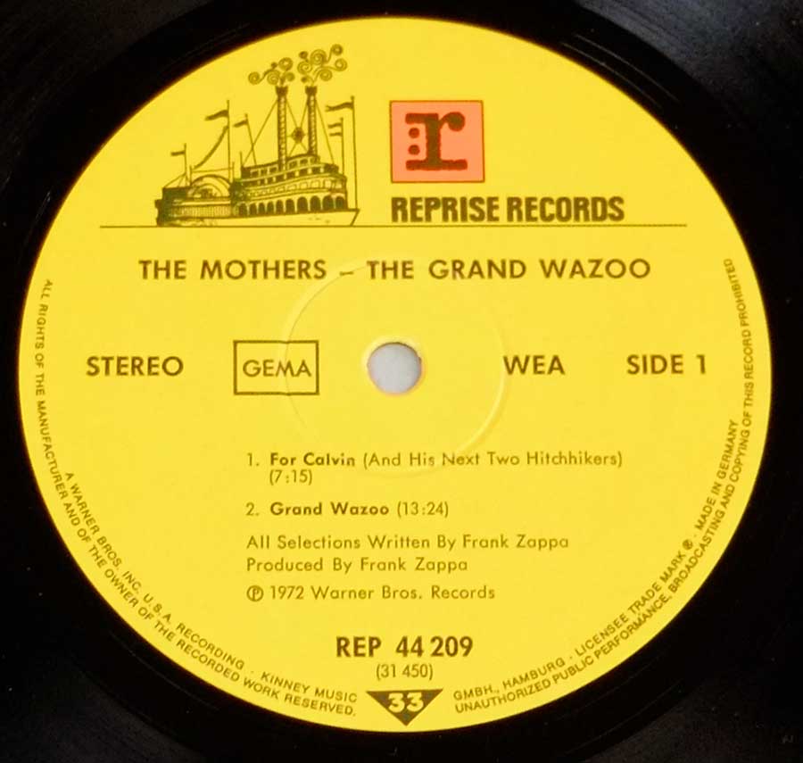 Close up of record's label FRANK ZAPPA & THE MOTHERS - Grand Wazoo Gatefold 12" LP Vinyl Album Side One