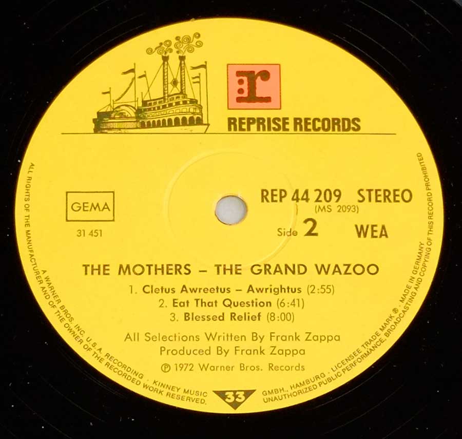 Close up of record's label FRANK ZAPPA & THE MOTHERS - Grand Wazoo Gatefold 12" LP Vinyl Album Side Two
