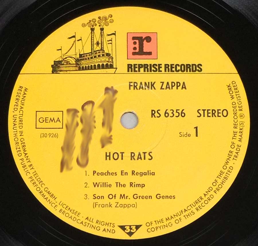 "Hot Rats" Record Label Details: Yellow Colour with Riverboat Logo REPRISE RECORDS RS 6356 , 30 926 