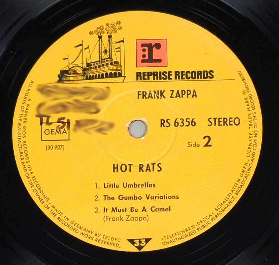 Side Two Close up of record's label FRANK ZAPPA - Hot Rats Reprise TELDEC Gatefold 12" LP VINYL ALbum 
