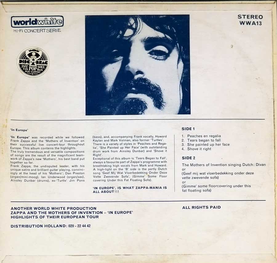FRANK ZAPPA & MOTHERS OF INVENTION In Europe / Inspiration Worldwhite WWA 13 12" LP VINYL back cover