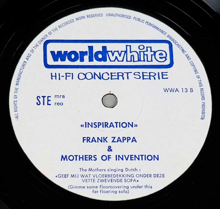 FRANK ZAPPA & MOTHERS OF INVENTION In Europe / Inspiration Worldwhite WWA 13 12" LP VINYL enlarged record label