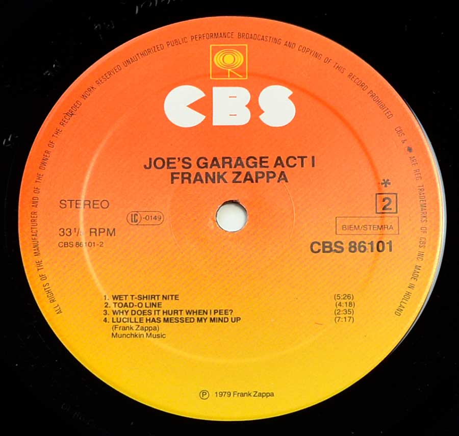 Side Two Close up of record's label FRANK ZAPPA - Joe's Garage Act I Gatefold 12" Vinyl LP Album 
