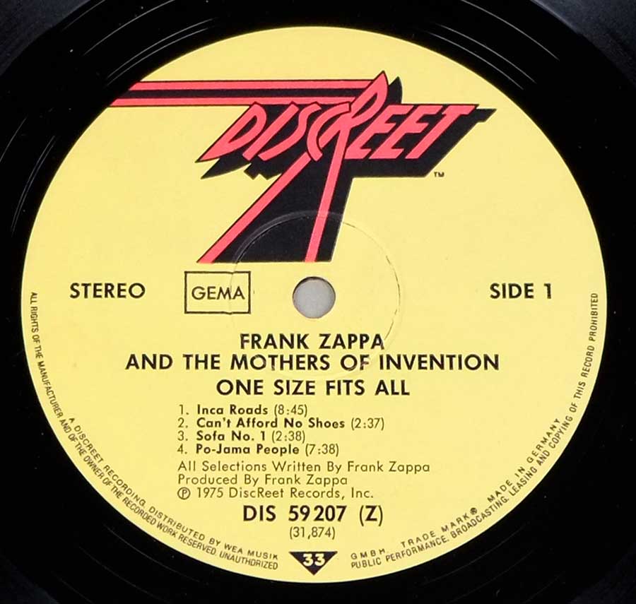 Close up of record's label FRANK ZAPPA & MOTHERS OF INVENTION - One Size Fits All ( Gatefold Cover ) Side One