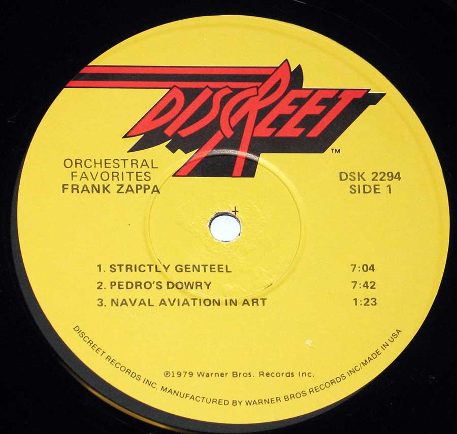 Close-up of the "Discreet" Record label for "Orchestral Favorites" by "Frank Zappa"