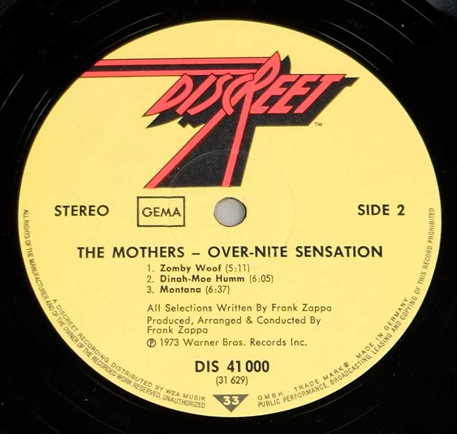 Close up of record's label MOTHERS OF INVENTION - Over-Nite Sensation Side Two
