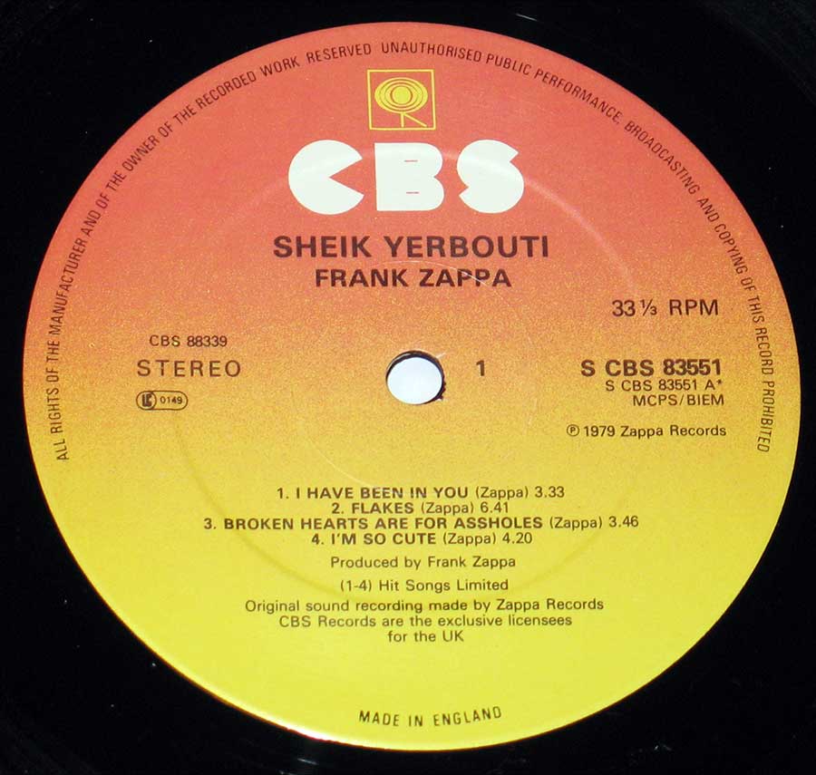 FRANK ZAPPA - Sheik Yerbouti England 12" Vinyl LP Album enlarged record label