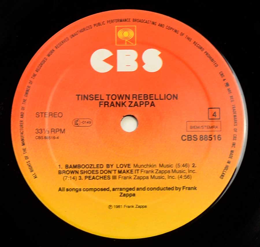 Close up of record's label FRANK ZAPPA - Tinsel Town Rebellion Side Four