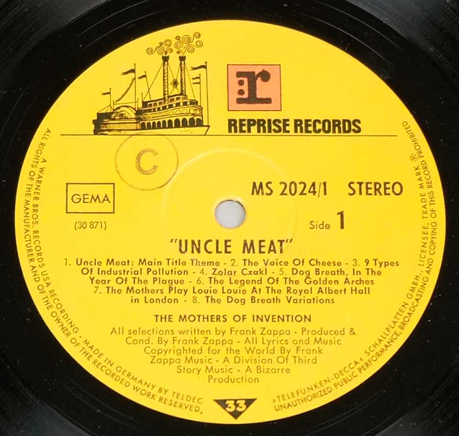 Close up of record's label MOTHERS OF INVENTION - Uncle Meat German Release Side One