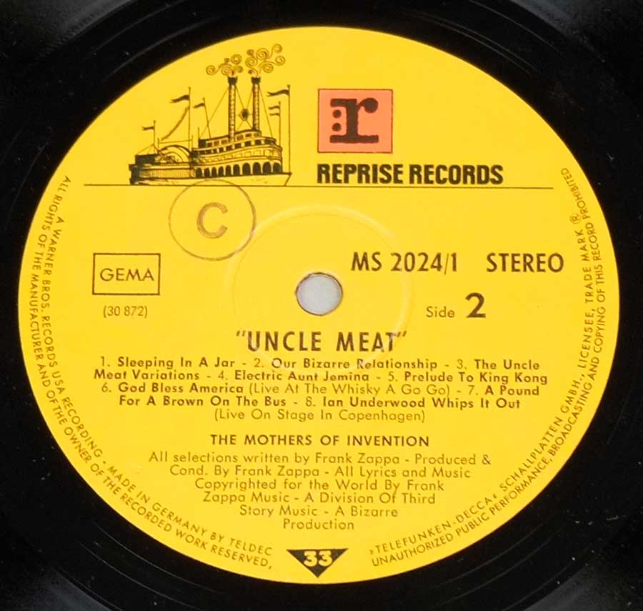 Close up of record's label MOTHERS OF INVENTION - Uncle Meat German Release Side Two