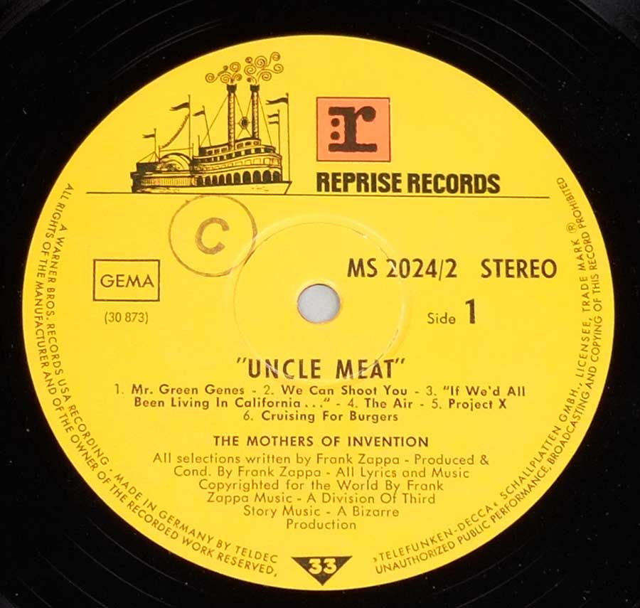 Close up of record's label MOTHERS OF INVENTION - Uncle Meat German Release Side Three: