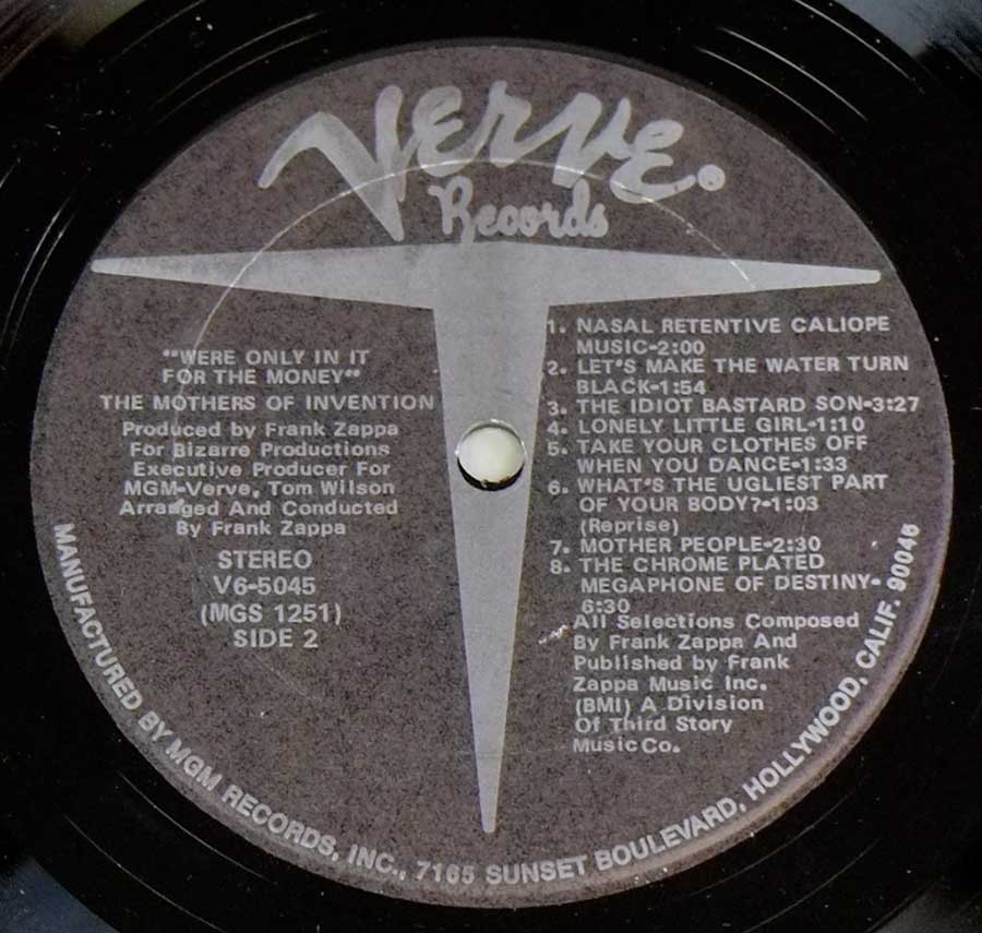 Close up of record's label MOTHERS OF INVENTION - We're Only In For The Money Side Two