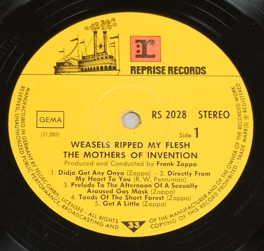 Close up of record's label MOTHERS OF INVENTION - Weasels Ripped My Flesh Side One
