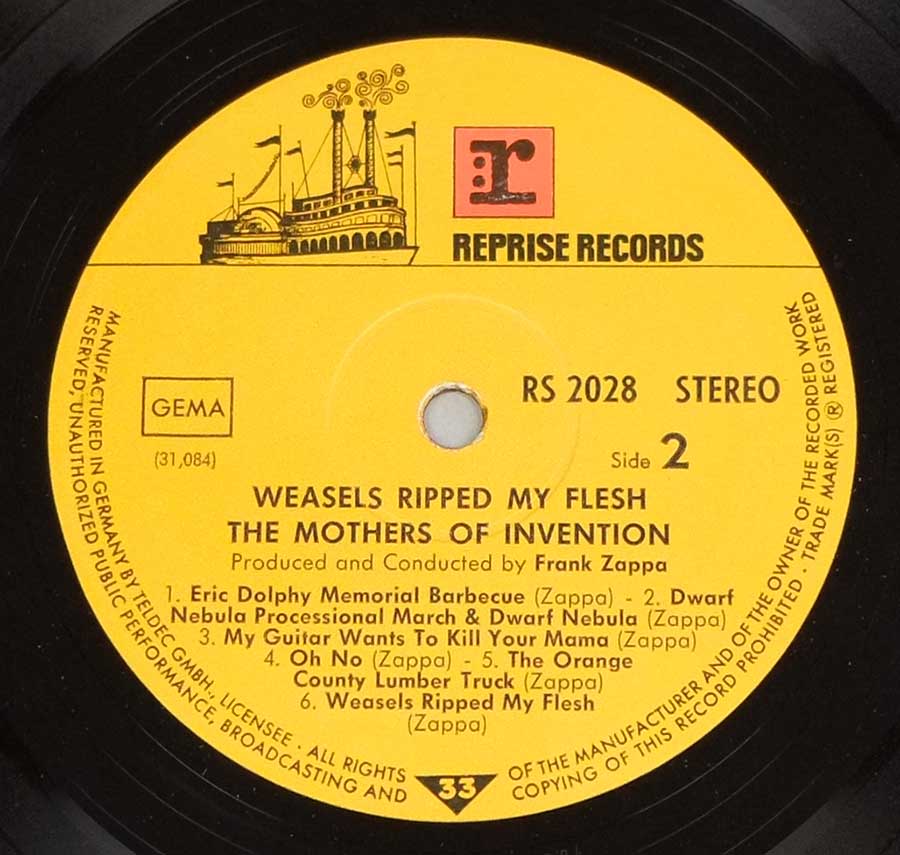 Close up of record's label MOTHERS OF INVENTION - Weasels Ripped My Flesh Side Two