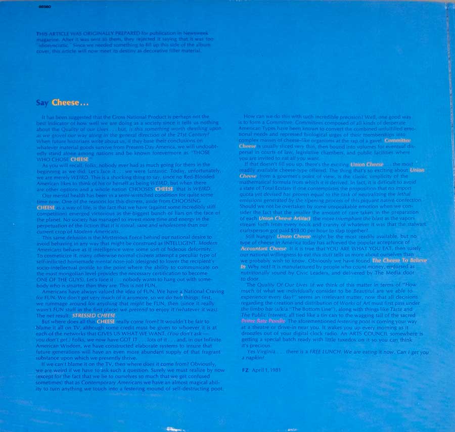 FRANK ZAPPA - You Are What You Is Gatefold 2LP 12" DLP VINYL Album  inner gatefold cover